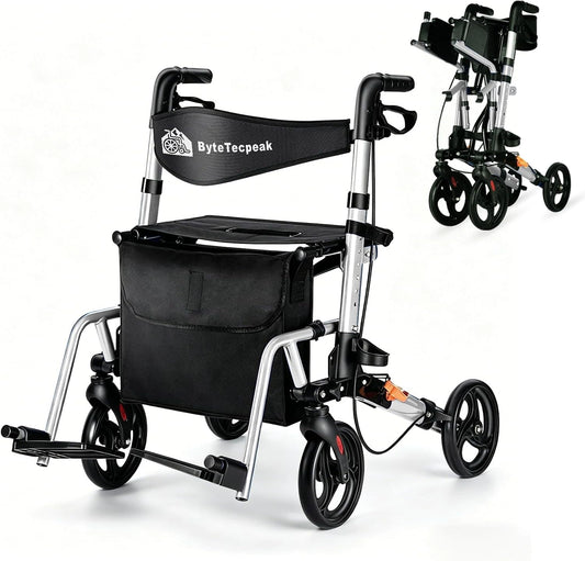 Déambulateur Léger 2 en 1 avec Fonction Fauteuil Roulant et Roues Tout Terrain, Capacité 150 kg, Argent