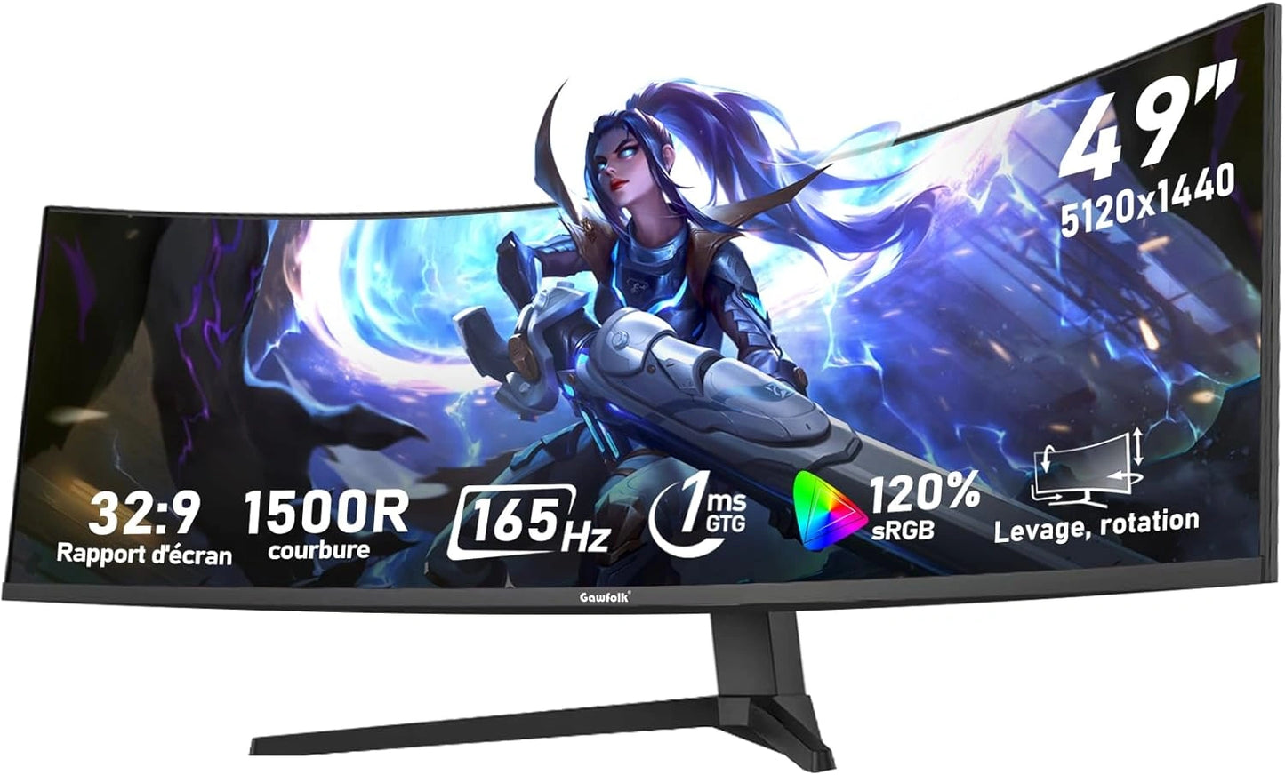 Écran Ultra-Large Incurvé 49 Pouces pour Gaming - 165Hz, 1ms, FreeSync, 1500R, DQHD, Gawfolk