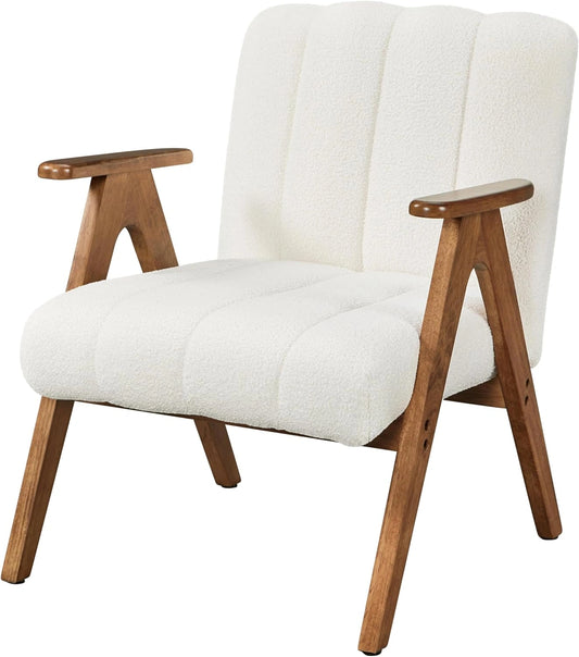 Fauteuil Scandinave en Tissu Bouclette avec Accoudoirs et Pieds en Bois Massif - Confort Ergonomique pour Salon, Chambre ou Bureau - Blanc