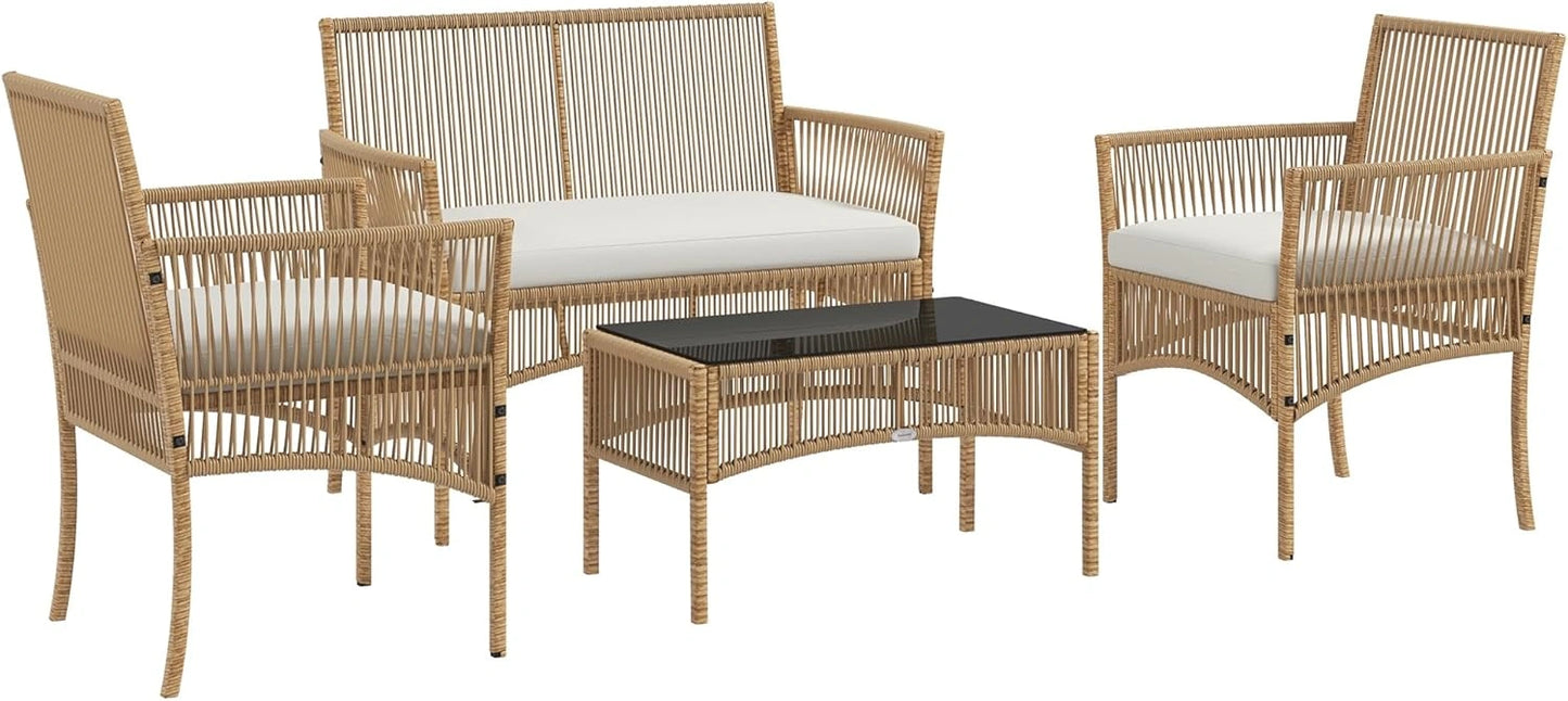 Ensemble de Jardin Extérieur 4 Pièces: Canapé, Fauteuils et Table Basse en Métal et Résine - Noir et Beige