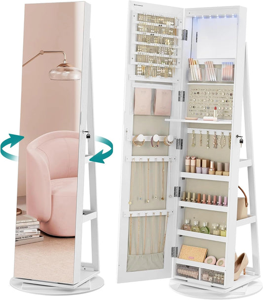 Armoire à Bijoux SONGMICS avec Miroir Verrouillable et LED, Rotation 360°, 3 Étagères, Blanc