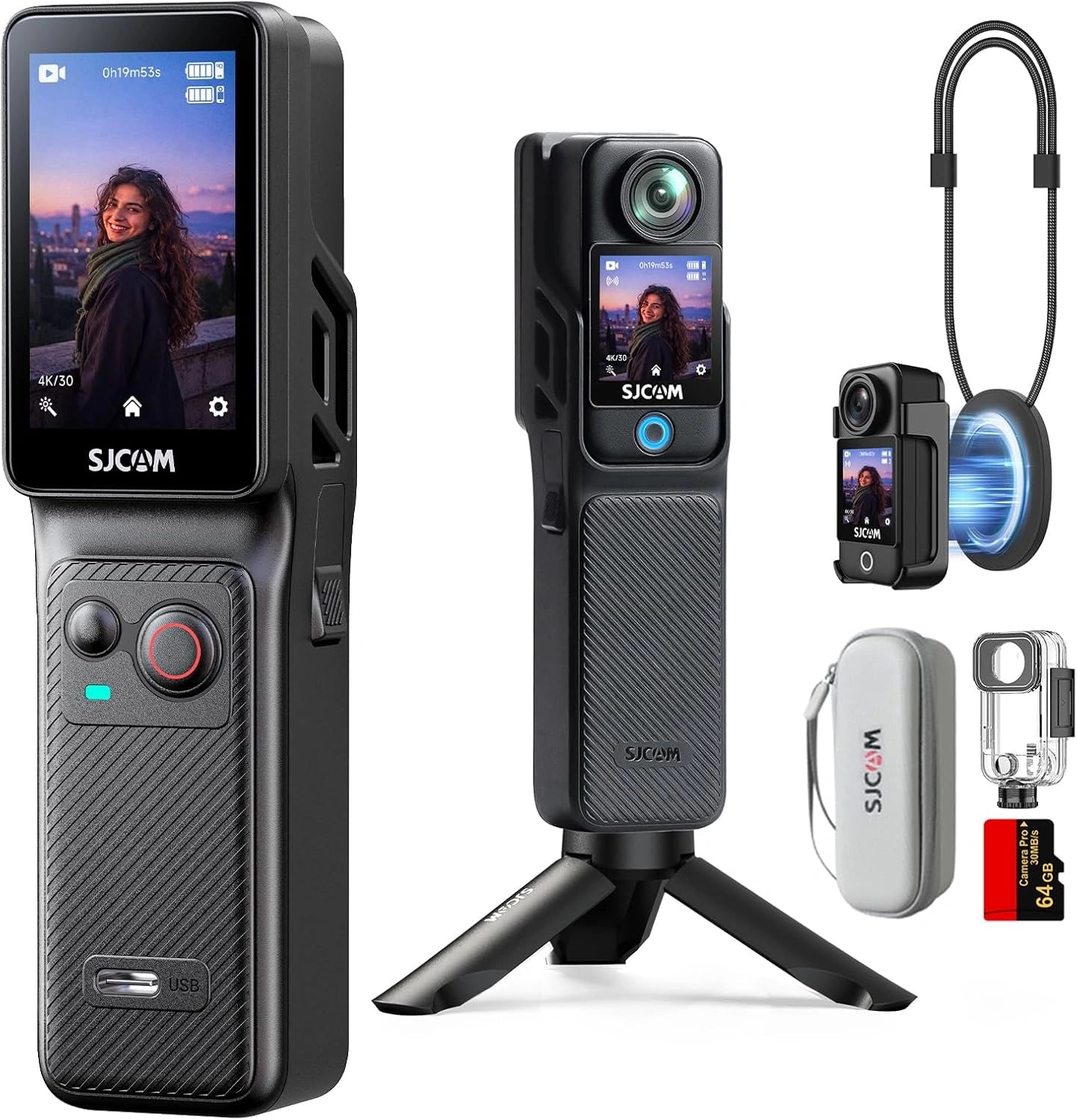 Caméra Vlog 4K SJCAM C400 - Bundle Vlog avec Autonomie de 7 Heures, Écran Tactile Rotatif, Étanche, Stabilisation 6 Axes, Idéale pour YouTube et Voyages - Noir