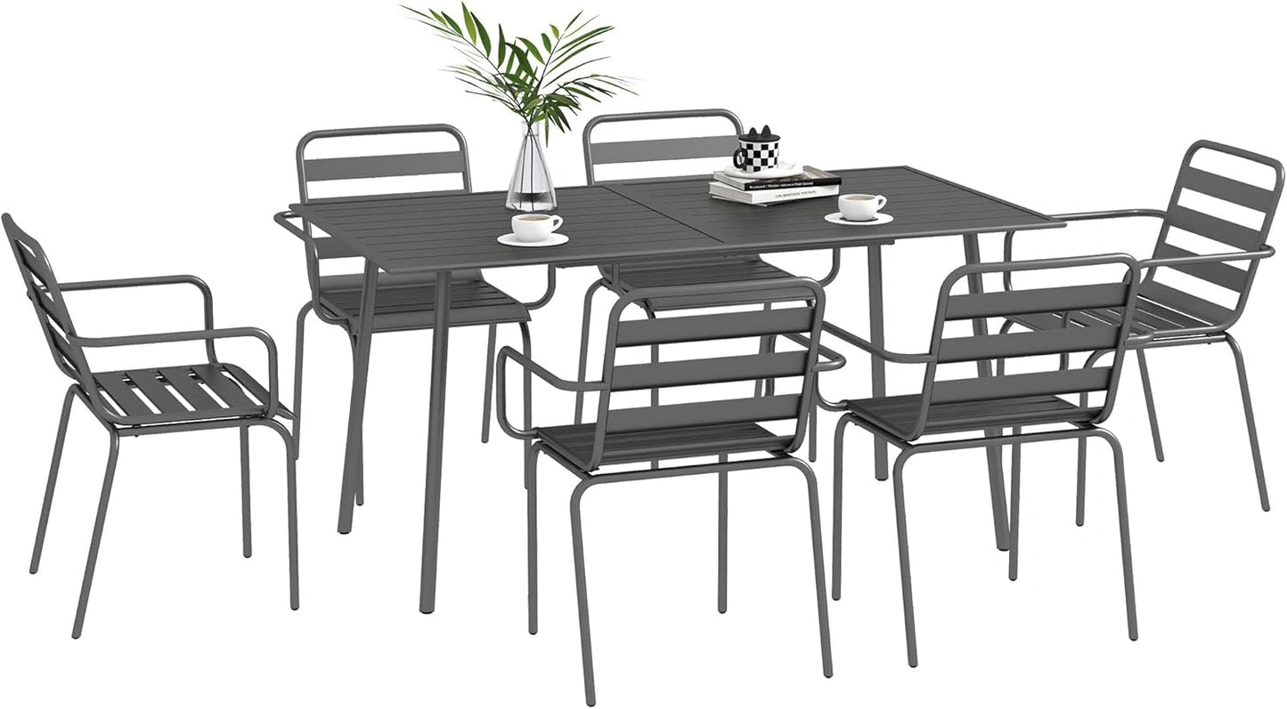 Ensemble de Salon de Jardin Outsunny: Table et 6 Chaises Empilables en Acier Gris Foncé
