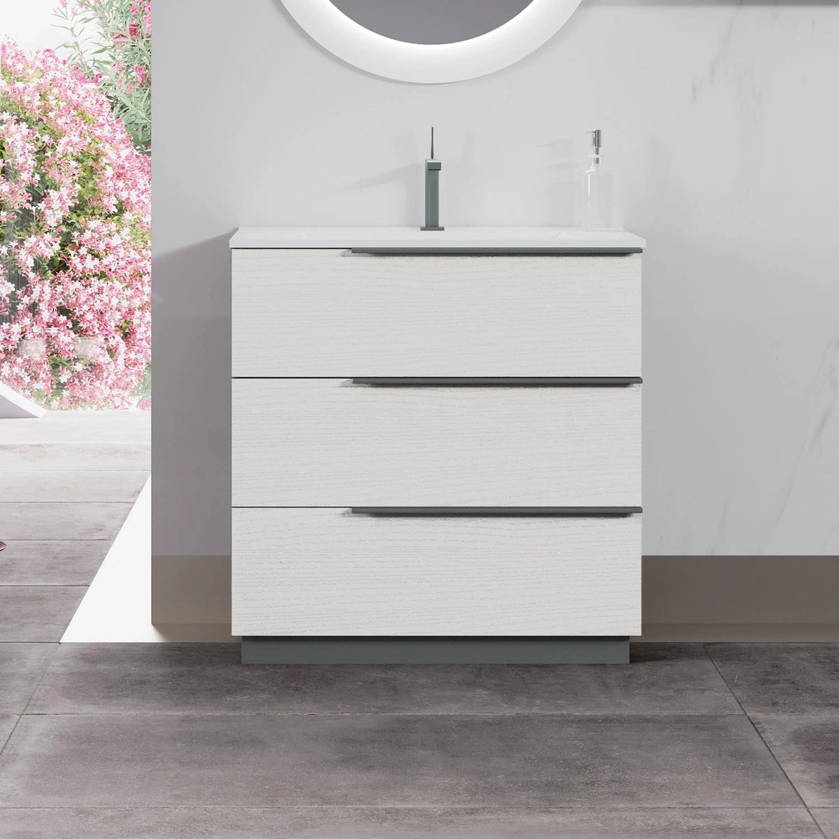 Meuble de Salle de Bain SANIVERRE OIKOS 80 cm avec Vasque et 3 Tiroirs Chêne Blanc