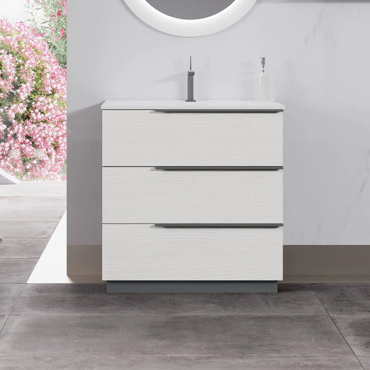 Meuble de Salle de Bain SANIVERRE OIKOS 80 cm avec Vasque et 3 Tiroirs Chêne Blanc