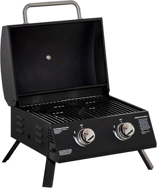 Barbecue à Gaz Portable Outsunny avec Pieds Pliables - 2 Brûleurs 5 KW, Grille et Thermomètre