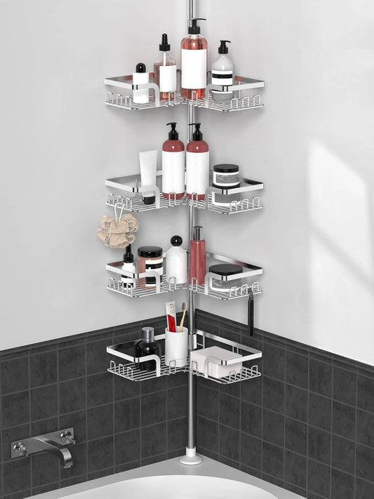 Étagère de Douche Télescopique en Acier Inoxydable sans Perçage - Hauteur Réglable 63,5 à 290 CM, Support Savon et Crochet