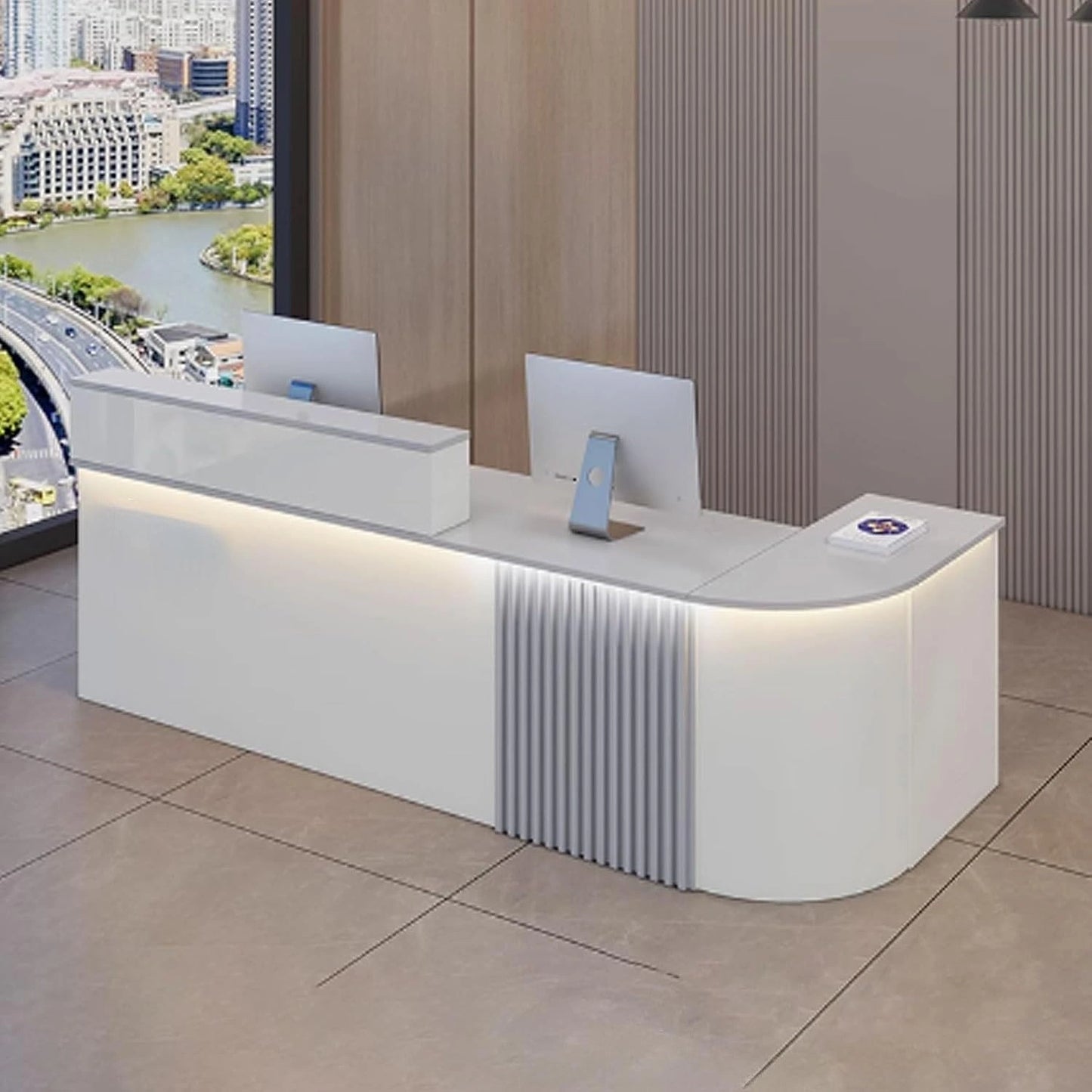Comptoir d'Accueil Moderne avec Éclairage LED Intégré, Meuble Élégant pour Salon et Stockage, Blanc/Gris, 140x60x100 cm - Parfait pour Espaces de Vente et Salons