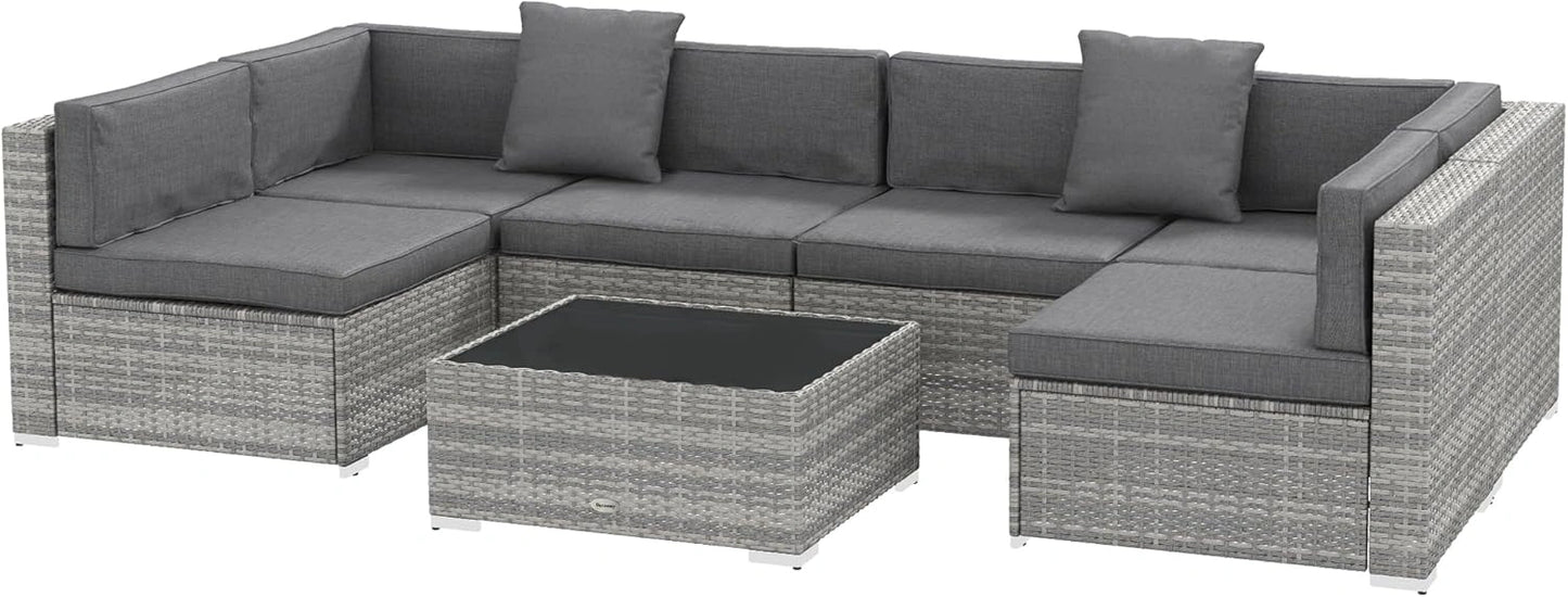 Ensemble de Jardin Modulable 7 Pièces en Résine Tressée avec Table en Verre, Gris