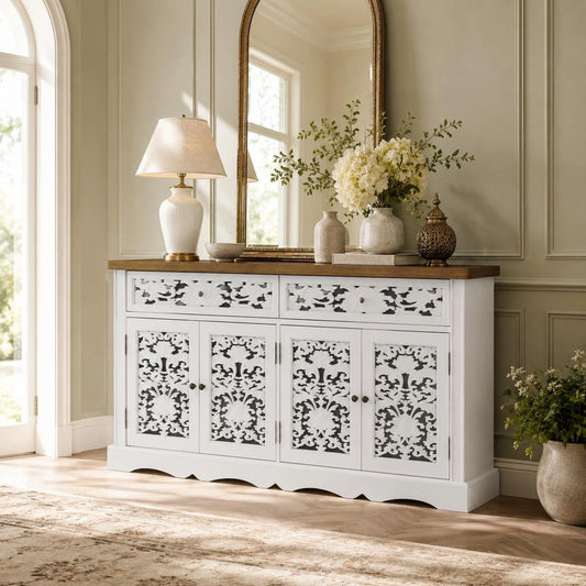 Buffet Campagne Blanc 160cm avec Sculptures Florales, 2 Tiroirs et 4 Portes, Étagères Réglables pour Salon et Salle à Manger