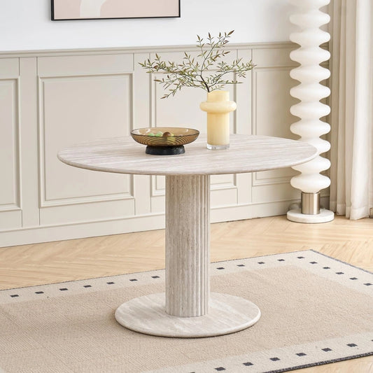 Table à Manger Ronde Moderne en Travertin Gris, 115 cm, 4-6 Personnes