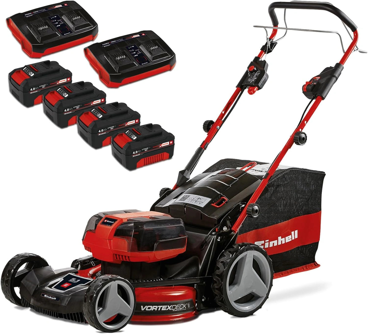 Tondeuse à Gazon Sans Fil Einhell 36V, 47 cm, Autotractée et Moteur Brushless, avec 4 Batteries 4,0Ah et 2 Chargeurs
