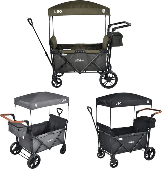 Chariot Pliable pour Enfants 2 Places avec Toit et Roues Pivotantes - Vert Safari