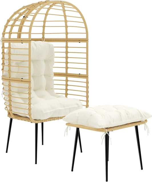 Fauteuil de Jardin Œuf avec Repose-pieds et Coussin, Style Bohème Beige
