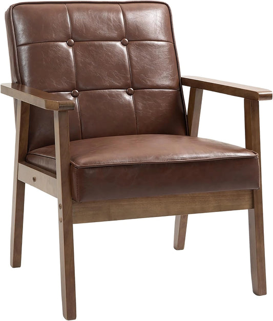 Fauteuil de Salon en Cuir Synthétique avec Dossier Capitonné et Pieds en Bois - Marron