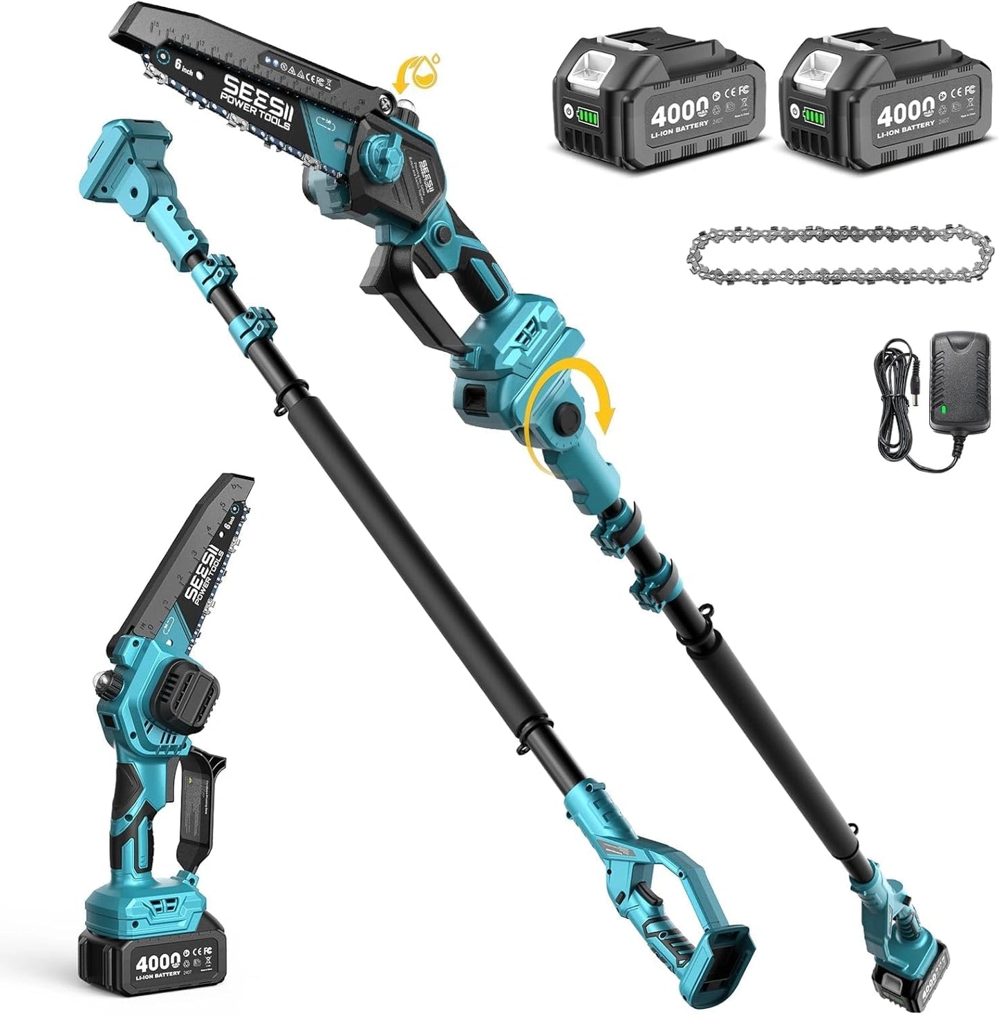 SEESII Ébrancheuse Télescopique 2-en-1, Mini Tronçonneuse Brushless 6 Pouces avec Batteries 4000 mAh, Portée 4,87 M, Idéale pour Jardin Extérieur