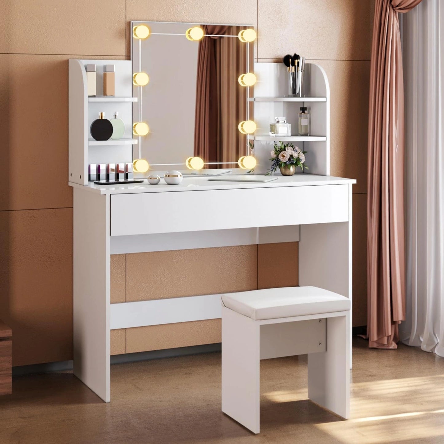 Coiffeuse Moderne avec Miroir LED et Tabouret, 108x40x140cm, Grand Tiroir et 4 Étagères, Luminosité Réglable