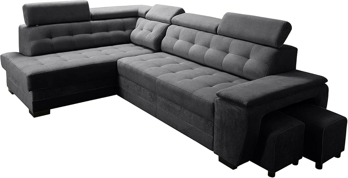 Canapé d'angle réversible convertible avec coffre et tabourets - Grand confort avec appuie-tête ajustables
