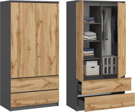 Armoire Polyvalente 2 Portes, 2 Tiroirs, 4 Étagères avec Portemanteau - Graphite/Chêne Wotan - 180x90x50.5 cm