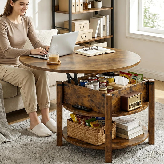 Table Basse Ronde avec Plateau Relevable et Rangement Intégré, 80x80cm, Marron Rustique, Pour Salon et Bureau