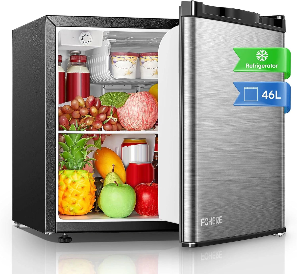 Mini Réfrigérateur FOHERE 46L, Frigo Compact Écoénergétique, Silencieux avec Porte Réversible, Idéal pour Maison, Bureau, Dortoir et Hôtel, Acier Inoxydable