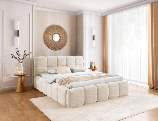 Lit Double Capitonné Sofia 140x200 cm avec Coffre de Rangement, Sommier à Lattes, Crème