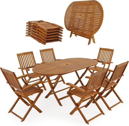 Ensemble Table de Jardin Extensible en Acacia pour 6 Personnes avec Chaises et Support pour Parasol