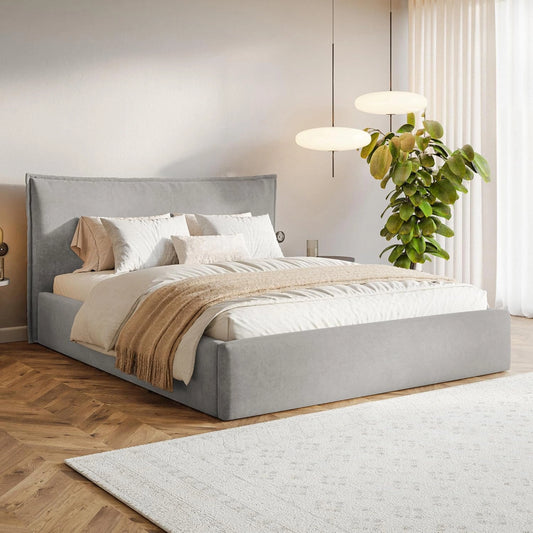 Cadre de Lit Velours Gris Clair 200x200 avec Rangement et Tête de Lit Capitonnée