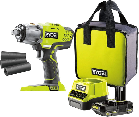 RYOBI Visseuse à Chocs 18V, 3 Modes 180/240/400 Nm, 1 Batterie 2Ah, Chargeur Rapide, Sac, Adaptateur Hexagonal 1/4'', 3 Douilles 17/19/21mm - Modèle R18IW3-120S3