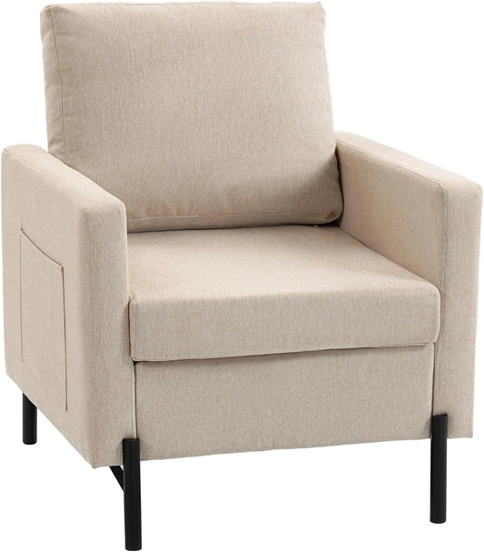 Fauteuil Moderne en Tissu Lin Beige avec Accoudoirs et Pieds en Acier