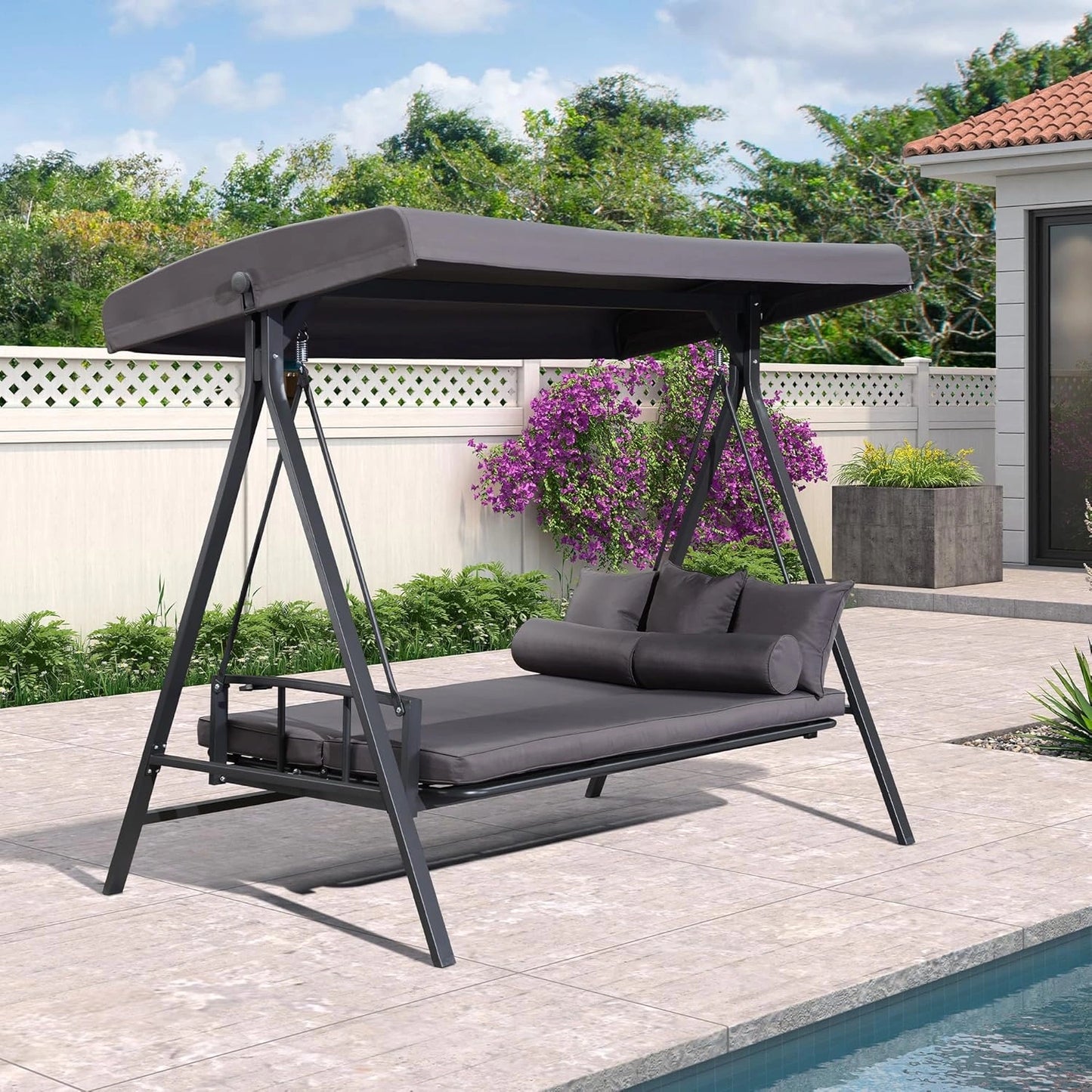 Balancelle de Jardin 3 Places avec Toit Réglable et Coussins, Convertible en Lit, Capacité 350 kg, Gris
