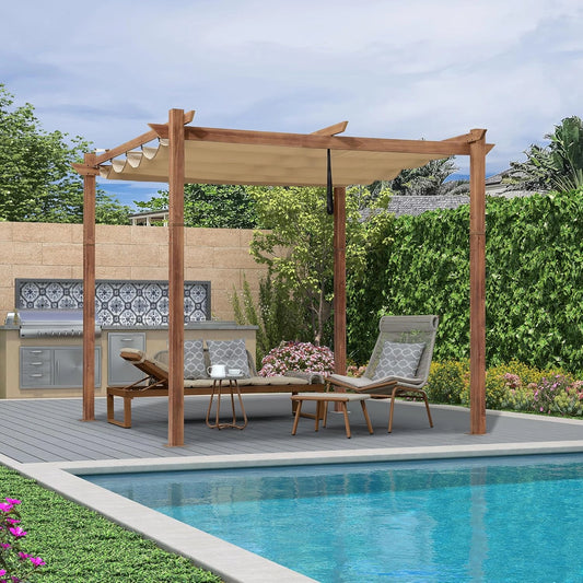 PURPLE LEAF Pergola Aluminium 3 x 3 m avec Toile Rétractable, Structure en Teck, Imperméable, Idéal pour Jardin et Barbecue