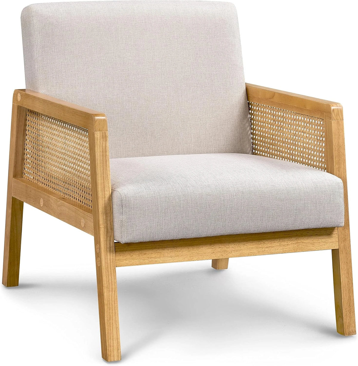 Fauteuil d'Appoint en Rotin Massif et Tissu avec Coussins pour Salon et Jardin - Beige